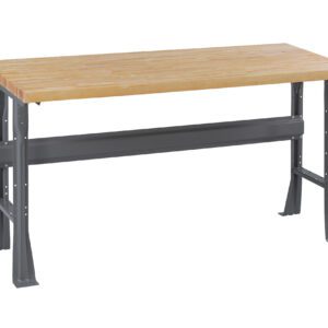 A sturdy workbench with a wooden top and metal legs. The tabletop is smooth and rectangular, supported by grey metal legs with a reinforcing bar across the middle for stability. Suitable for workshops or industrial use.