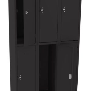 A black metal locker unit with six compartments arranged in two rows of three. Some locker doors are closed, while others are open, revealing empty interior spaces. Each door features a small circular lock mechanism.