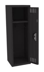Open black metal locker with a single shelf inside. The door is ajar, showing a hook on the interior side and a latch for locking. Suitable for storing items securely. Plain background highlights the locker’s simple, utilitarian design.