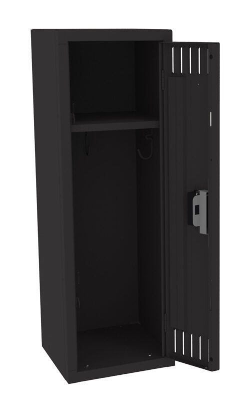 cdteaadzlptwrxr5xhaq.jpg Open black metal locker with a single shelf inside. The door is ajar, showing a hook on the interior side and a latch for locking. Suitable for storing items securely. Plain background highlights the locker’s simple, utilitarian design.