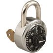 A metal combination padlock with a black dial marked with numbers. The lock has a silver body and a curved shackle.