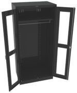A black metal cabinet with two glass doors swung open, revealing an empty interior. The cabinet has several adjustable peg holes inside and a solid top, suitable for storage or organizational purposes.