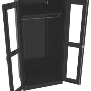 A black metal cabinet with two glass doors swung open, revealing an empty interior. The cabinet has several adjustable peg holes inside and a solid top, suitable for storage or organizational purposes.