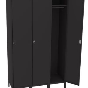 A black, three-door metal locker with the middle door open, revealing a hanging rod inside. The locker is on short legs and has simple handles on each door.