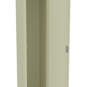 A tall, beige metal wardrobe with one door open, showing an empty interior. Inside, there is a single hanging rod and an upper shelf. The wardrobe has a simple design and stands on a flat surface.