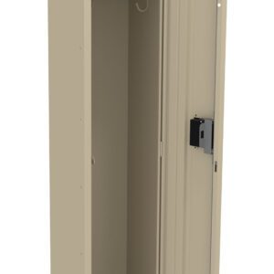 Tall beige metal locker with an open door showing interior shelves and a hanging rod. The locker has a vented design on the door and a lock mechanism.