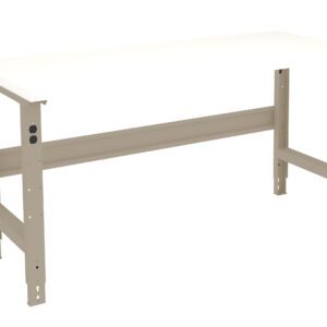 A beige adjustable-height workbench with a plain white top, featuring sturdy metal legs and a horizontal support bar underneath. The bench is positioned on a plain white background.