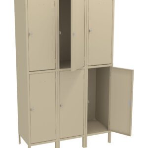 A beige-colored metal locker unit with six compartments arranged in two rows. Two of the lockers have their doors open, revealing empty interiors. Each door has a handle and a keyhole. The unit stands on short legs.