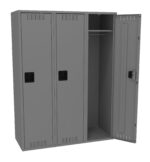 A gray metal locker with three compartments is shown. The left two doors are closed, while the right door is partially open, revealing an empty interior with a hanger rod. Each door has ventilation slits and a square handle.