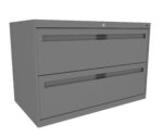 A gray metal filing cabinet with two wide drawers, each featuring a long horizontal handle. The cabinet has a lock mechanism above the top drawer. It is positioned on a plain white background.