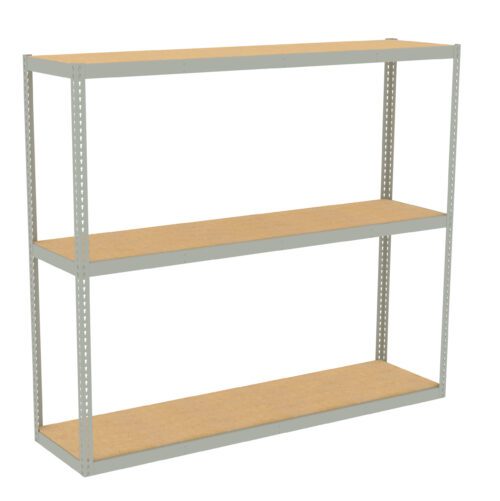 Three-tier metal shelving unit with light brown wooden shelves. The frame is light gray with perforated sides for adjustable shelf heights. The design is industrial and simple, suitable for storage or organization.
