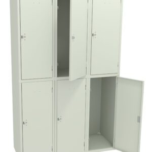 White, six-compartment locker unit with metal doors. Two doors are open, revealing empty storage spaces. The locker has a simple and sleek design, suitable for schools, gyms, or workplaces.