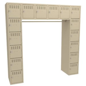 A beige, U-shaped locker unit with small square lockers forming the top and two columns of narrow rectangular lockers on each side. Each locker has a small handle and ventilation slits.