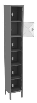 A tall, gray metal locker with five shelves and one open door revealing an empty compartment. The locker is standing on four legs and has a minimalist design.