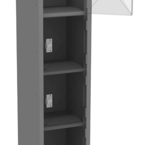 A tall, gray metal locker with five shelves and one open door revealing an empty compartment. The locker is standing on four legs and has a minimalist design.