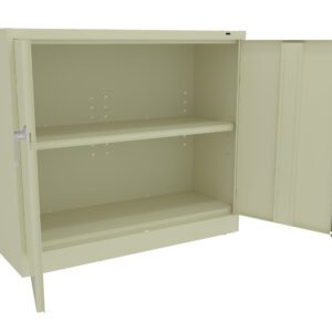 A beige metal cabinet with two open doors, revealing two shelves inside. The cabinet is empty and has a simple, utilitarian design.