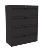 A black, four-drawer lateral filing cabinet with a minimalist design and a lock on the top drawer. The cabinet is standing upright against a white background.