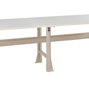 A long, rectangular wooden table with a smooth white top and beige metal legs. The table has a simple, sturdy design and is elevated with supportive braces between the legs.