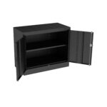 Black metal cabinet with two open doors revealing two shelves. It is empty and set against a plain white background. The cabinet has a sleek, modern design.