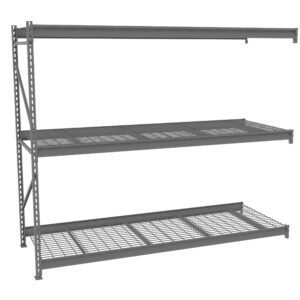 Metal shelving unit with three levels, featuring a combination of solid and mesh surfaces. The structure is supported by perforated vertical beams and horizontal supports, providing ample storage space. The unit is metallic gray.