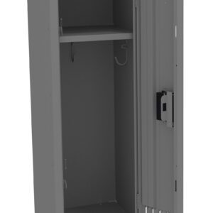 Open gray metal locker with a single upper shelf and a hook below. The door is ajar, revealing ventilation slots and a built-in lock.