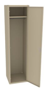 A beige, tall metal locker with one door open. Inside, there is a single shelf and a hanging rod. The locker is empty and appears to be new or unused.