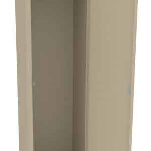 A beige, tall metal locker with one door open. Inside, there is a single shelf and a hanging rod. The locker is empty and appears to be new or unused.