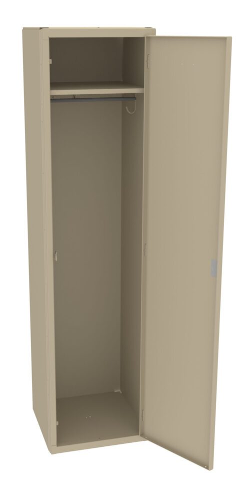 A beige, tall metal locker with one door open. Inside, there is a single shelf and a hanging rod. The locker is empty and appears to be new or unused.