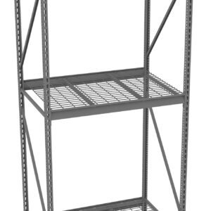 A gray metal shelving unit with three levels. The shelves are made of a grid-like metal mesh. The unit has vertical supports with holes for adjustable shelving and diagonal braces for stability.