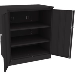A black metal storage cabinet with one open door and three spacious interior shelves. The cabinet has a plain design and is positioned against a white background.