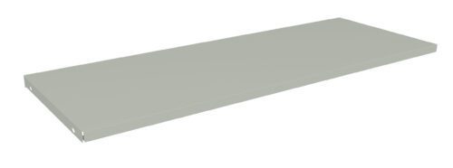 A rectangular gray metal shelf with a smooth surface and slightly raised edges, viewed from an angle, isolated on a white background.