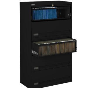 A black, four-drawer filing cabinet with two drawers open. The top open drawer contains blue and black files, while the second open drawer contains brown files. The cabinet stands against a plain white background.