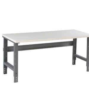 A simple, modern workbench with a flat white tabletop and sturdy gray metal legs. The table has an industrial design and adjustable height options, suitable for workshops or garages.
