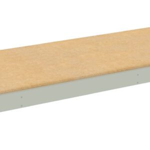 Long rectangular wooden shelf with a beige surface and light gray edges, viewed from an angle against a plain white background.