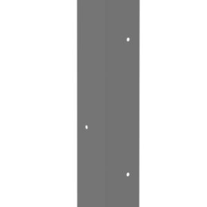 A tall, rectangular gray metal beam with evenly spaced small holes running vertically along its edges, standing upright against a white background.
