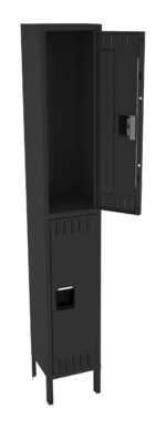 A tall, black metal locker with two compartments. The upper compartment door is open, revealing the interior. The lower compartment is closed. The locker has a minimal, industrial design with ventilation slots.