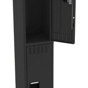 A tall, black metal locker with two compartments. The upper compartment door is open, revealing the interior. The lower compartment is closed. The locker has a minimal, industrial design with ventilation slots.