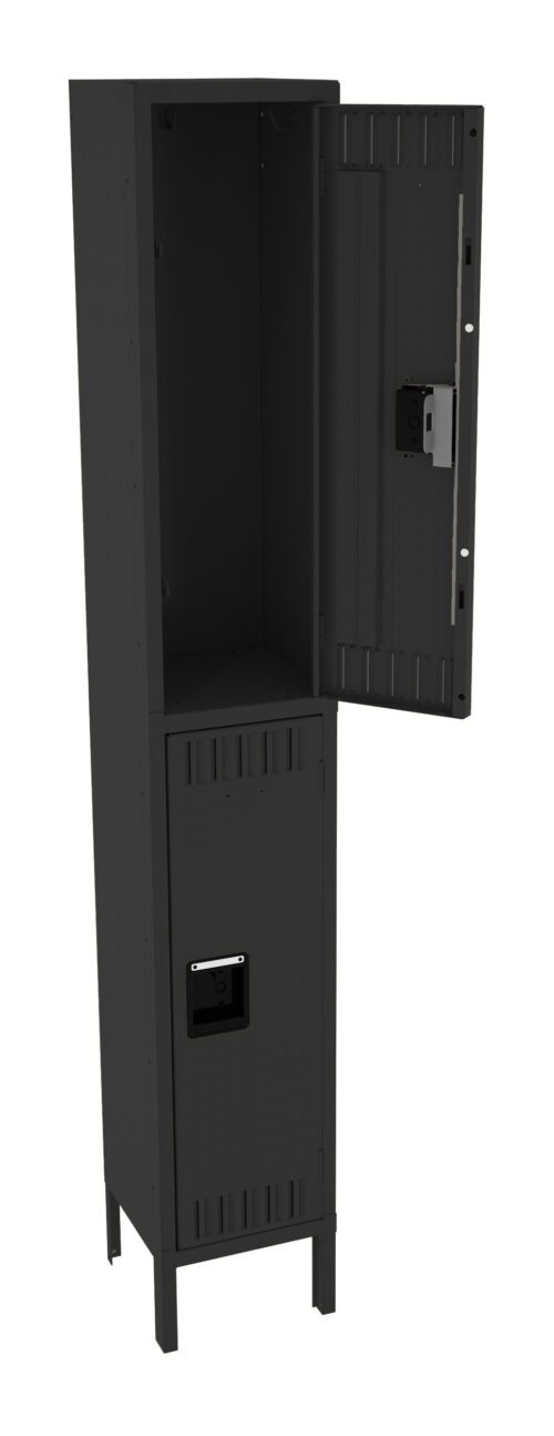 A tall, black metal locker with two compartments. The upper compartment door is open, revealing the interior. The lower compartment is closed. The locker has a minimal, industrial design with ventilation slots.