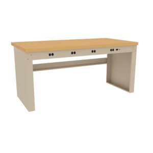 A rectangular workbench with a wooden top and beige metal frame. It has multiple circular cutouts on the front panel, possibly for cable management. The design is simple and functional, suitable for industrial or workshop settings.
