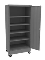 A tall, gray storage cabinet with one open door, revealing five empty shelves inside. The cabinet is on four wheels, allowing for mobility.
