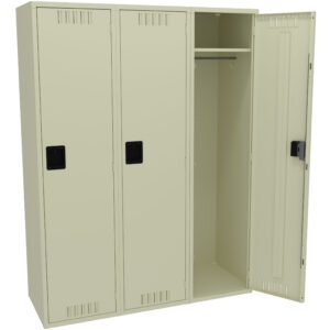 Beige metal locker with three compartments. Two doors are closed, and one is open, revealing a hanging rod and a hook inside. Black rectangular handles are on each door.