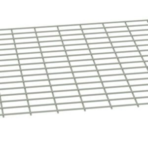 A rectangular metal grid with evenly spaced horizontal and vertical bars, forming a grid pattern. The grid is slightly tilted to the right, and the background is plain white.