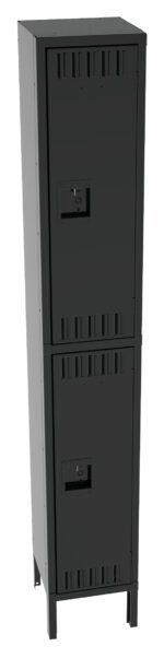 A tall, black, two-tier locker with vents and handles on each door, standing against a plain white background.
