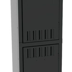 A tall, black, two-tier locker with vents and handles on each door, standing against a plain white background.
