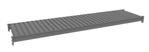 cvnrhwc3zzo6o8fiscvm.jpg A long, gray, rectangular corrugated metal shelf with raised edges on both ends, designed for secure storage or organizational use.