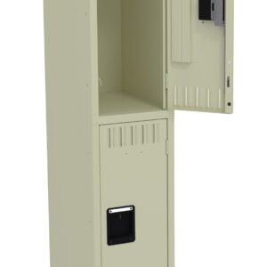 A beige metal locker with two compartments. The top compartment door is open, revealing the empty interior. The bottom compartment door is closed. Each door has a handle, and the locker stands on four short legs.
