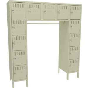 A beige metal locker unit with a U-shaped design. It features sixteen individual compartments, eight on each side and an additional row of four at the top. Each compartment has a small latch for securing belongings.