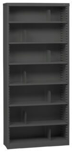 A tall, gray metal shelving unit with six adjustable shelves, each featuring metal dividers. It has a simple, industrial design and is empty, standing against a white background.