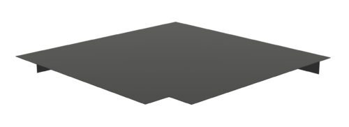 A flat, dark gray geometric shape resembling a large square with a small notch cut out of one side, viewed from above against a white background.
