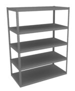 A gray metal shelving unit with five empty shelves, featuring a simple, industrial design. The shelf has perforated side supports and a solid, flat surface on each level, suitable for storage or organizational use.